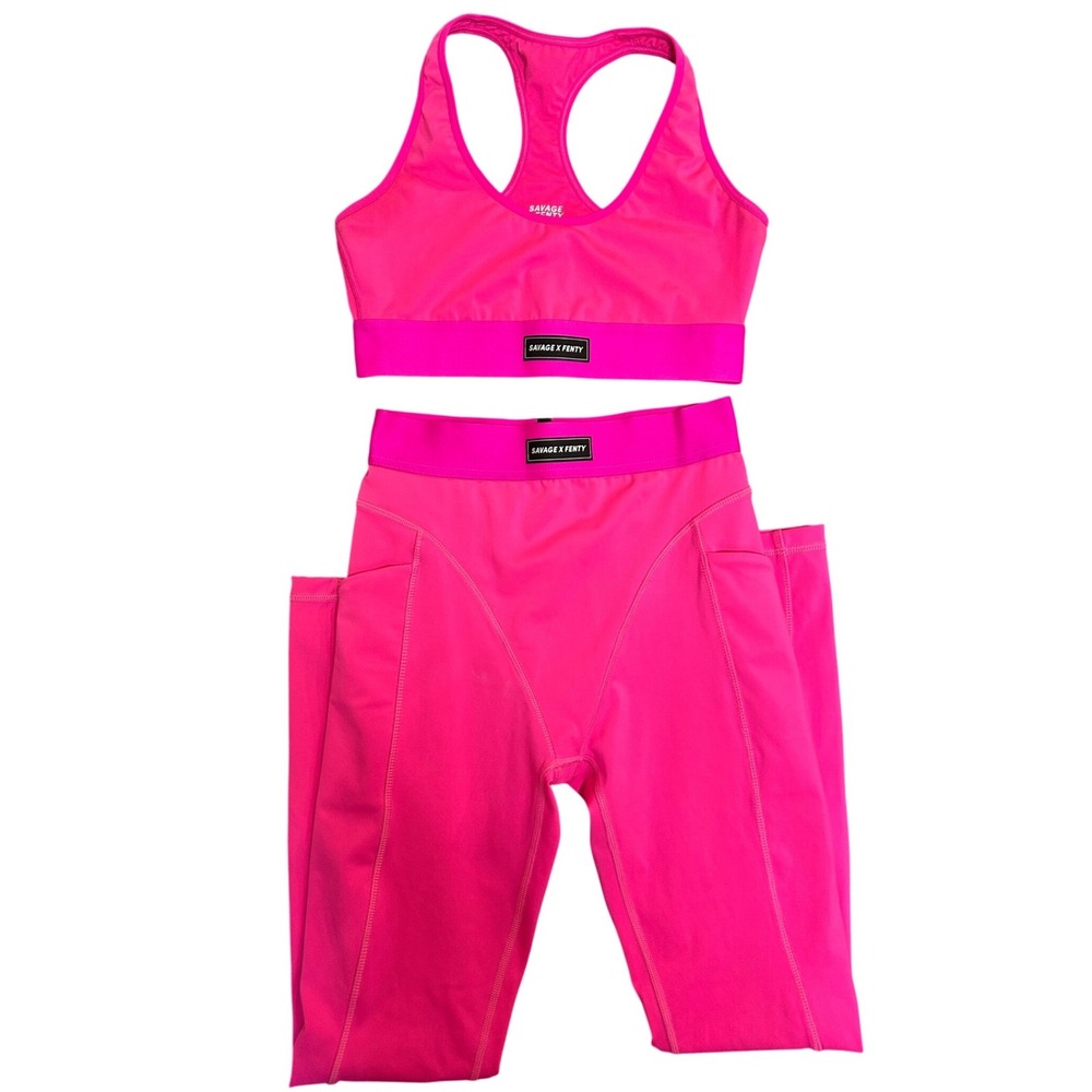 Savage X Fenty Neon Pink Sports Bra and Leggings Activewear Set Womens Size M